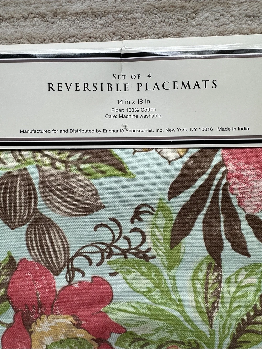 NWT Raymond Waites Reversible Floral Fabric Placemats set/4 Multicolor Cotton
